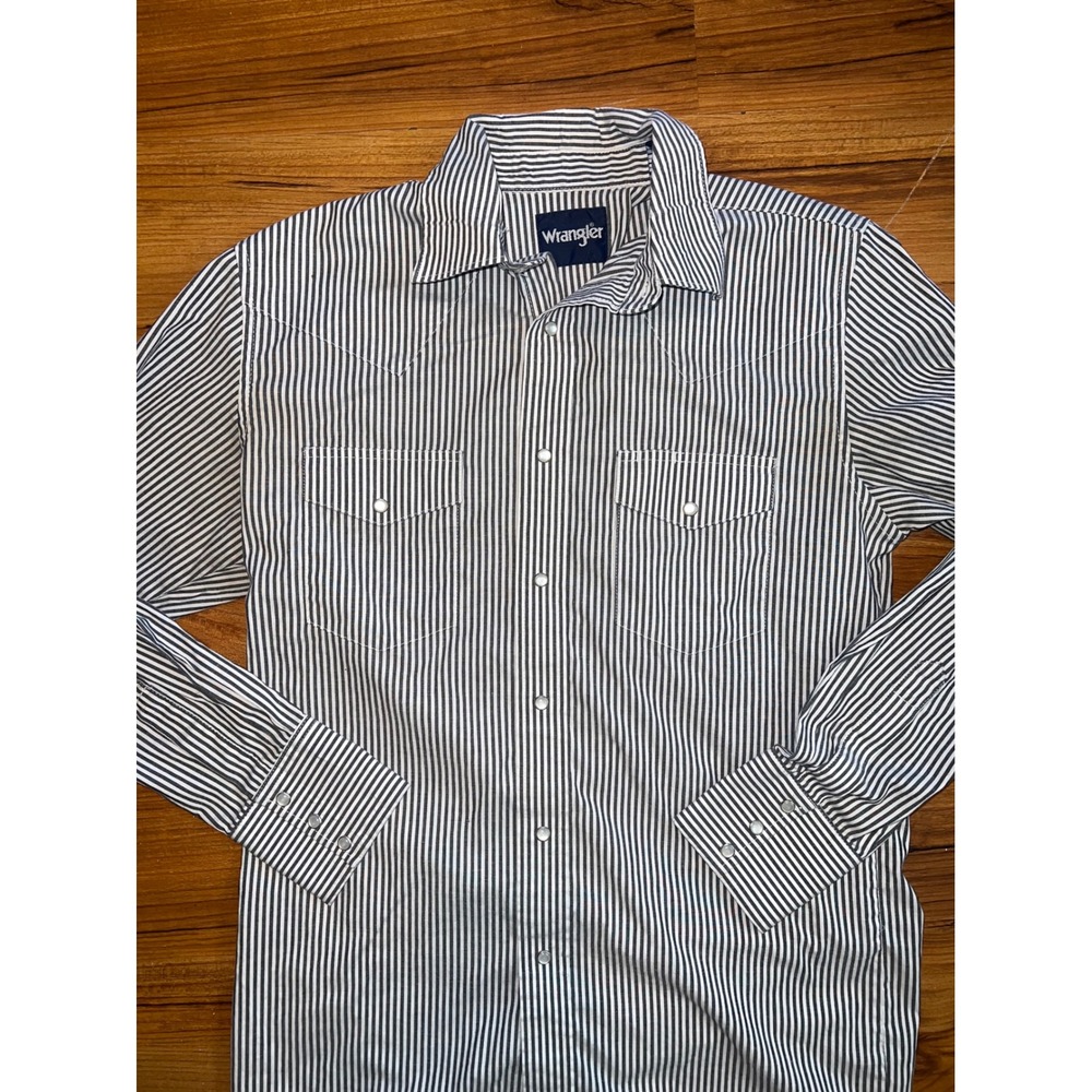 Wrangler Mens Western Shirt Small Charcoal White Striped Long Sleeve Pearl Snap